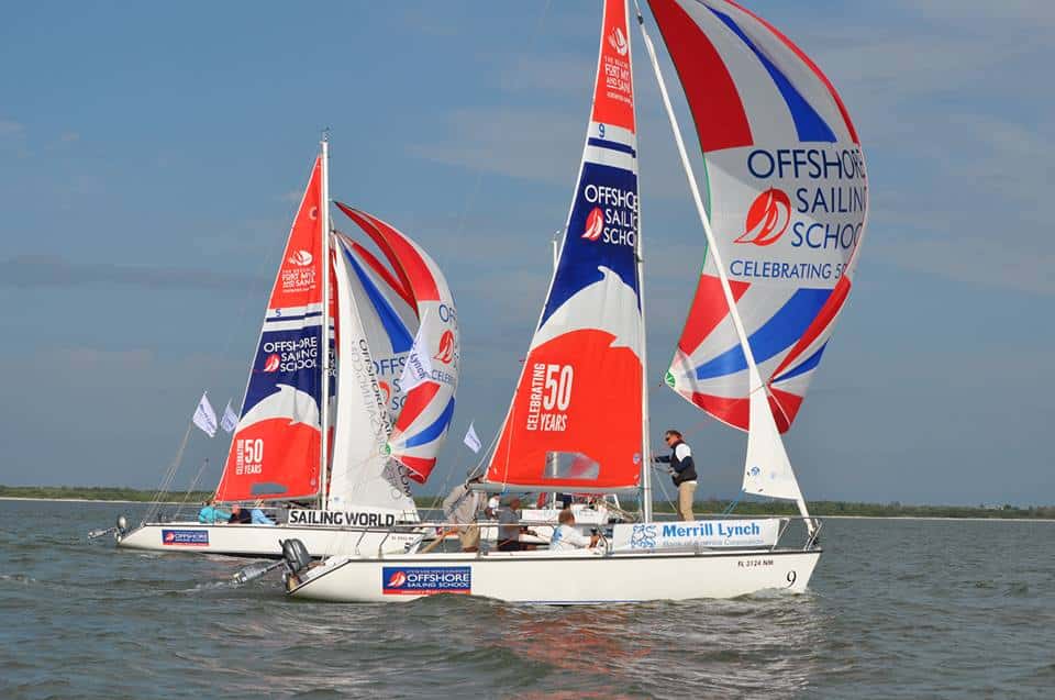 Mark Reynolds, Dawn Riley and Ed Baird sailing