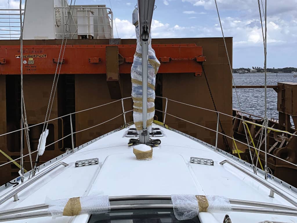 Boat loaded on and lashed down