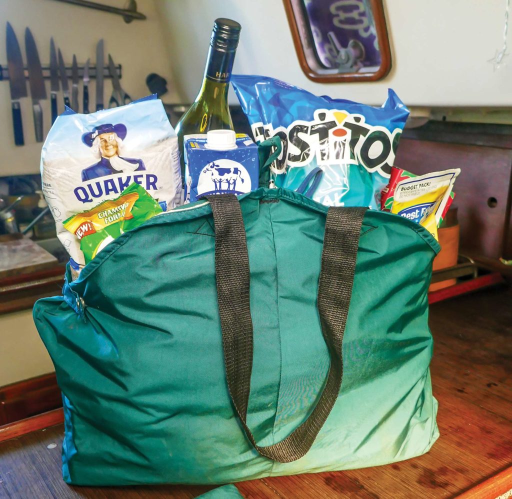 wet-weather bibs turned into a heavy-duty provisioning tote