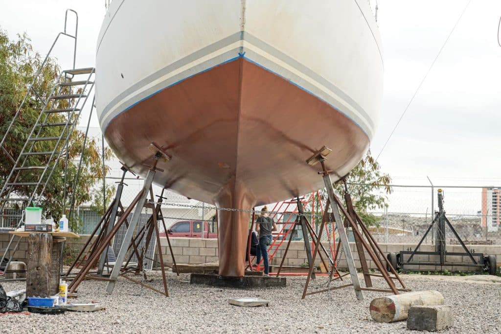 A freshly painted sailboat bottom.