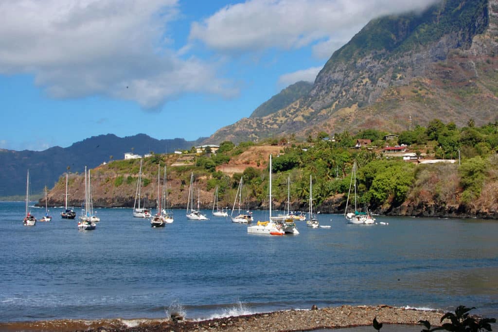 A tiny, but very busy, anchorage in the Marquesas.