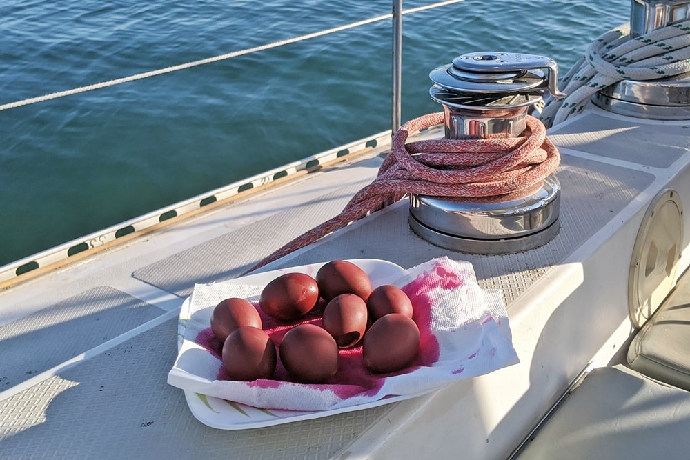 Dyed eggs on a boat