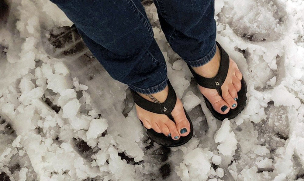 Wearing flips flops in the snow