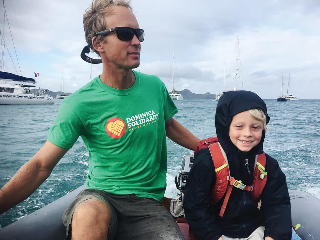 father and son on boat