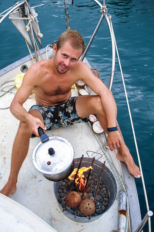Makeshift fire pit on the foredeck