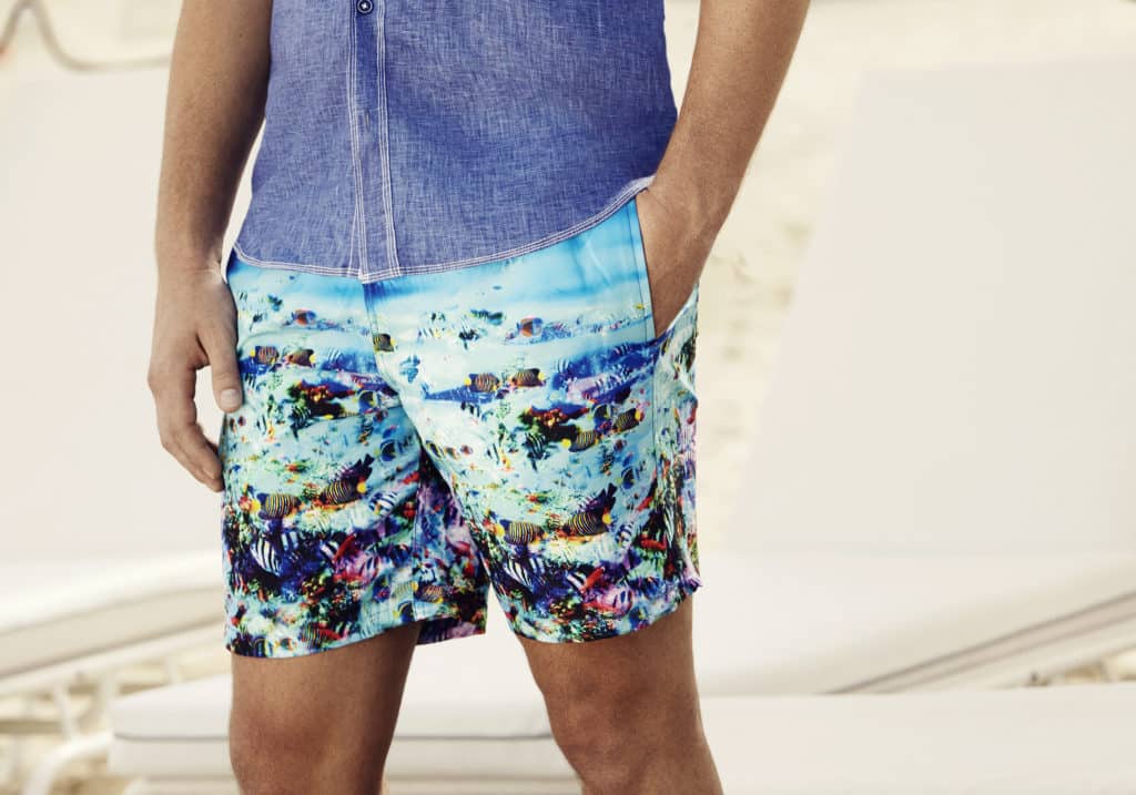 bugatchi, tropical shorts, fish shorts, tropical swim trunks