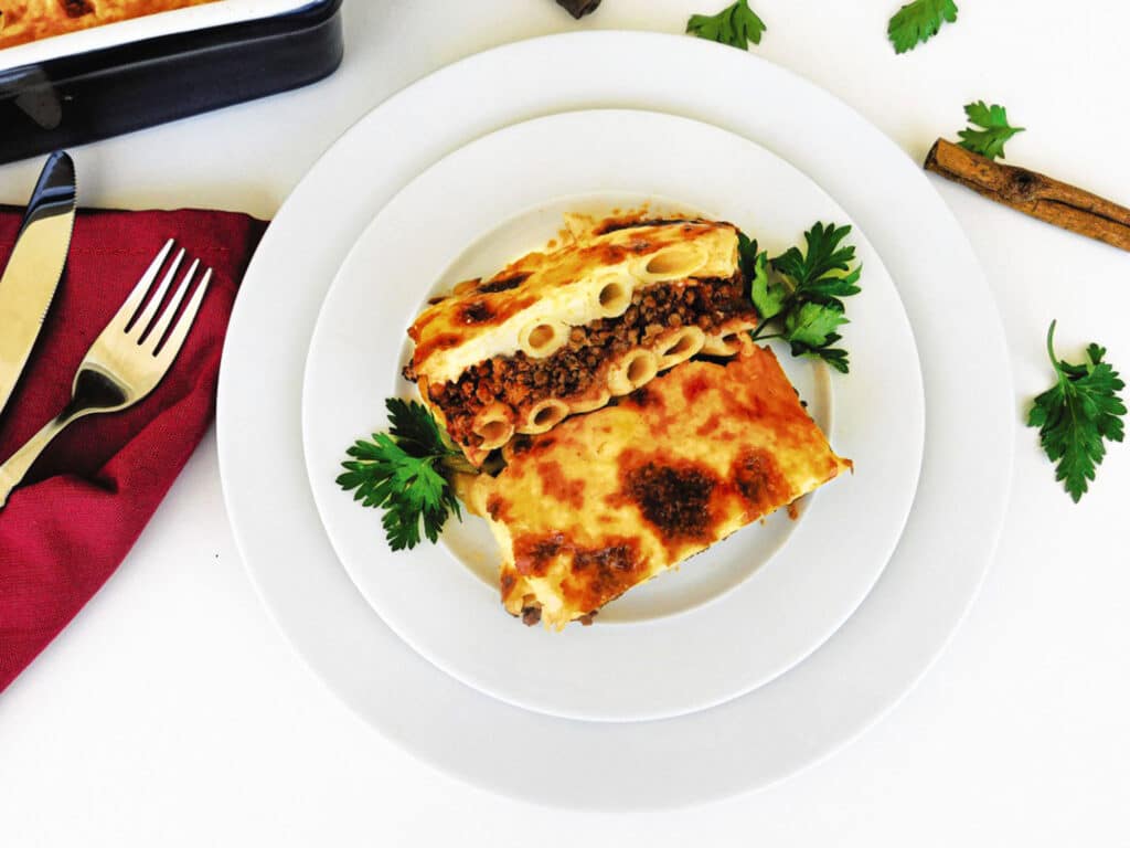 Overhead of Greek lasagna on serving plate