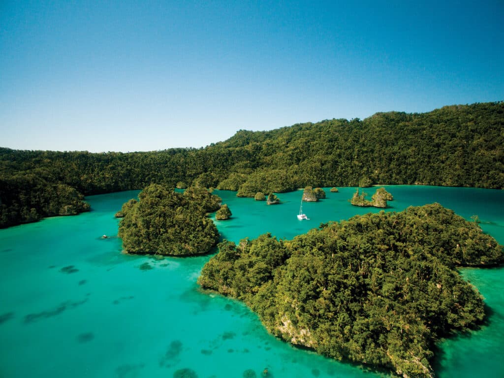 Sailboat at anchor in Fiji