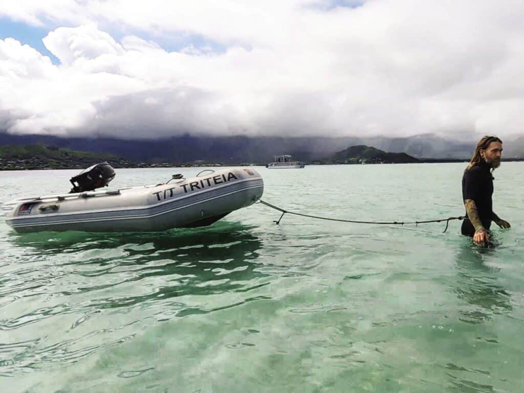 James with dinghy in tow