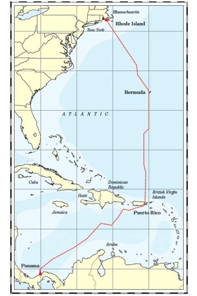 Map of the sailing route from New England to Panama
