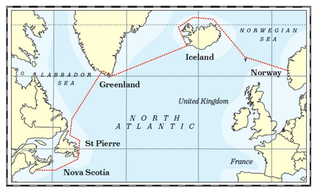 Map of the sailing North Atlantic route from Nova Scotia to Norway