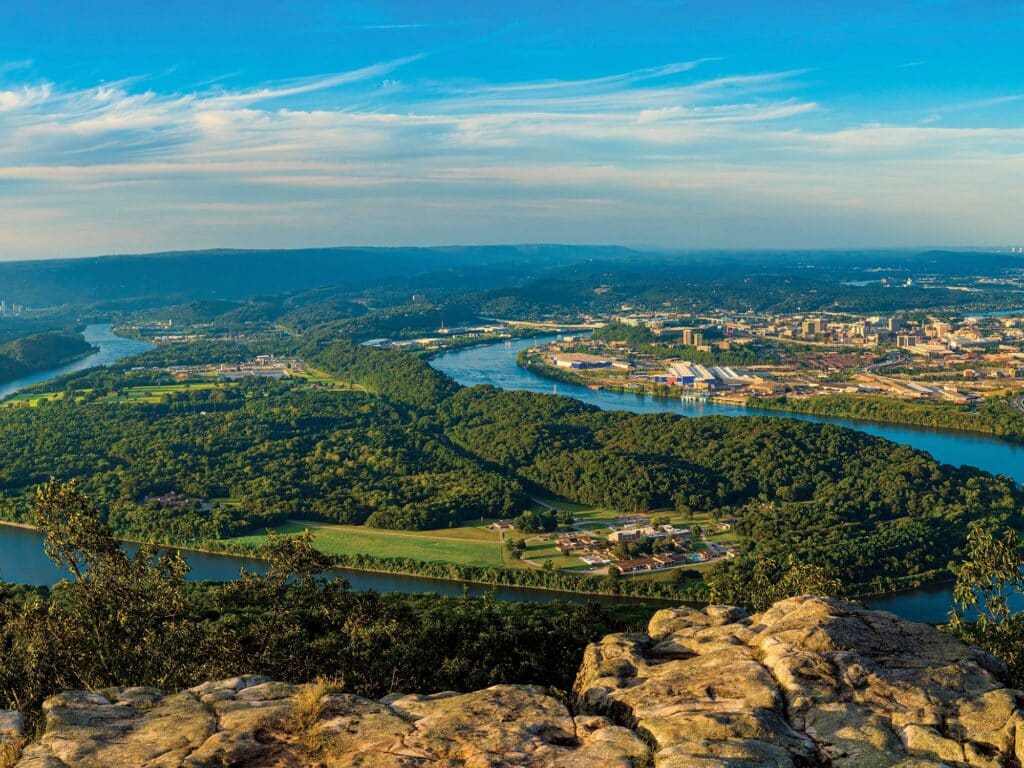 Panorama of Chattanooga and the Tennessee River from high up on Lookout Mountain