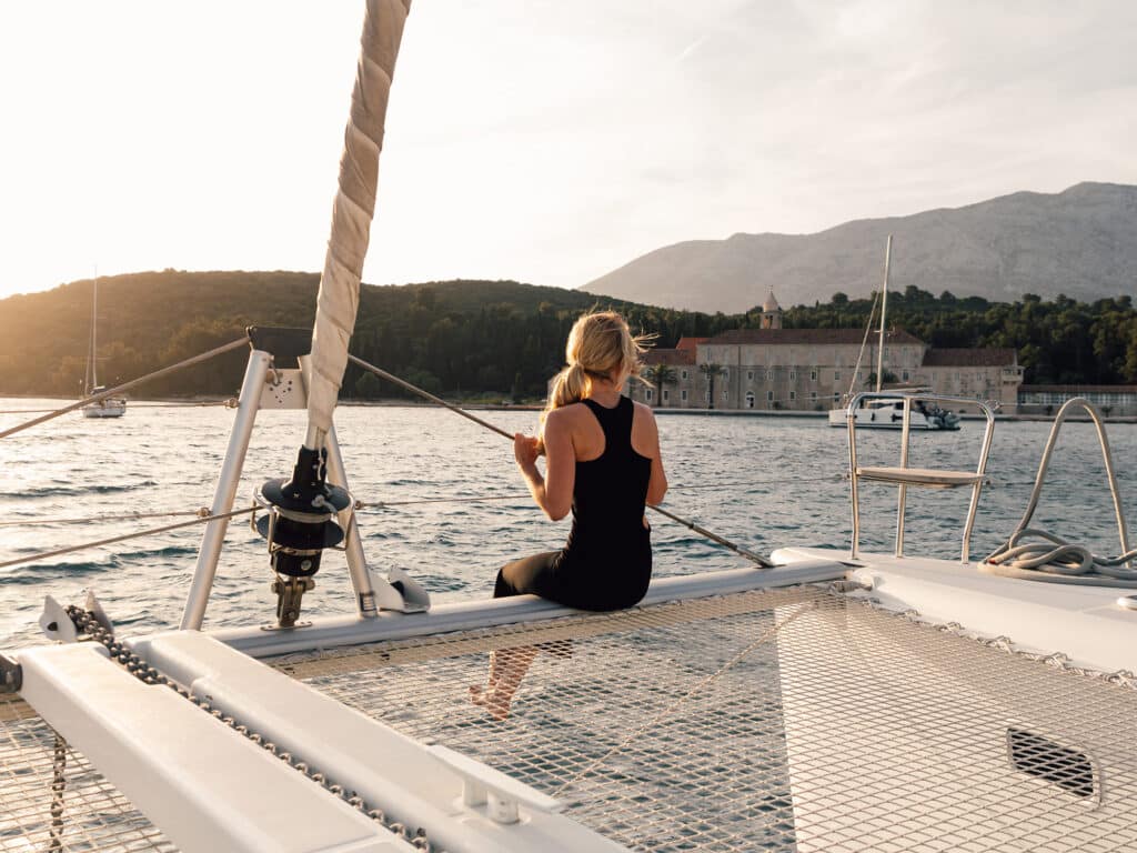 Woman on catamaran in Dubrovnik