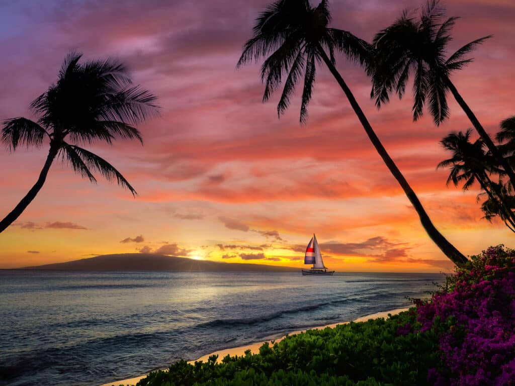 Charter boat at sunset in Hawaii