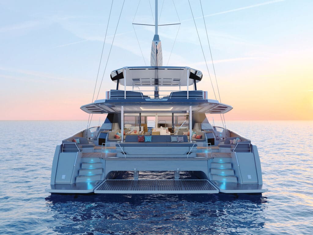 Rear of the Fountaine-Pajot 80 at sunset