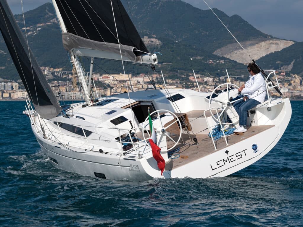 Rear-view of Italia Yachts 12.98 on the water