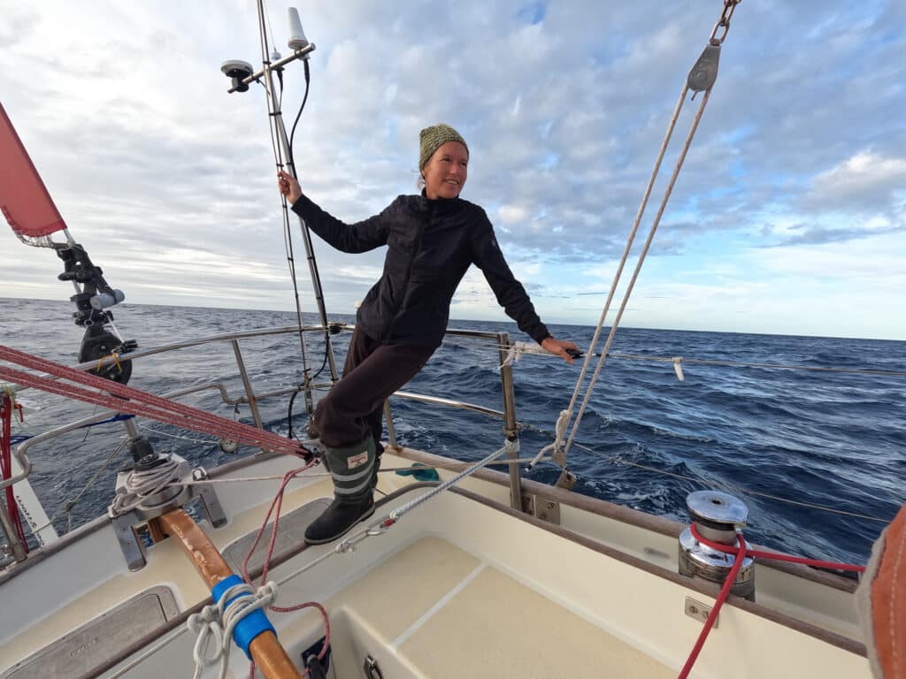 Kirsten Neuschafer on her sailboat