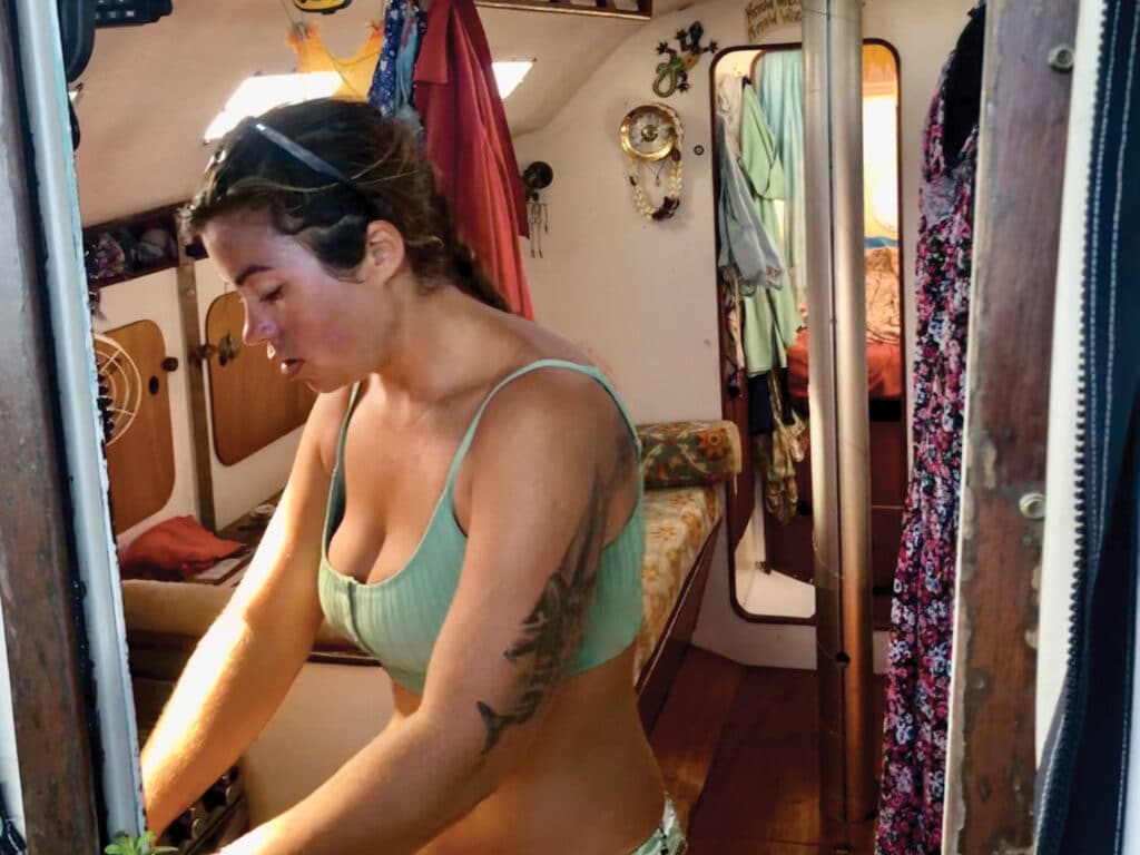 Holly Martin in her sailboat cabin