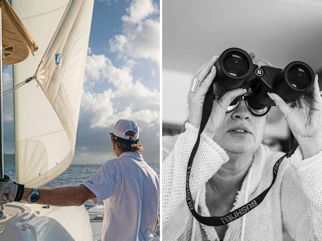 Man sailing on the left. On the right, woman with binoculars.