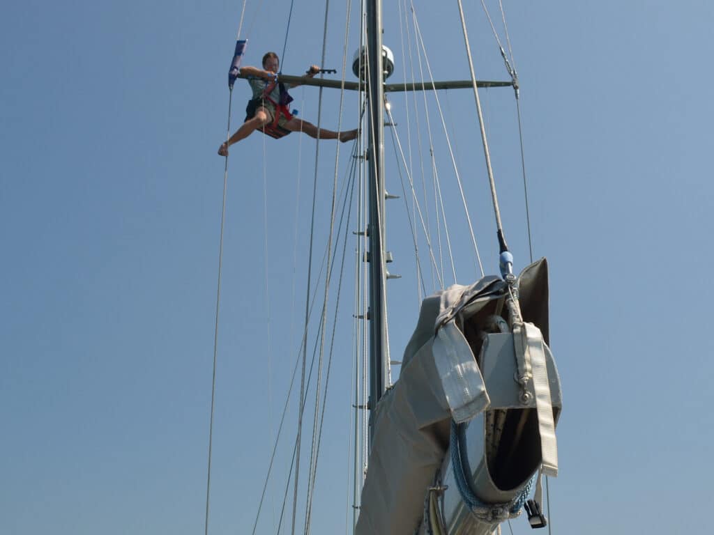 On the mast during a pre-Indian Ocean-crossing inspection