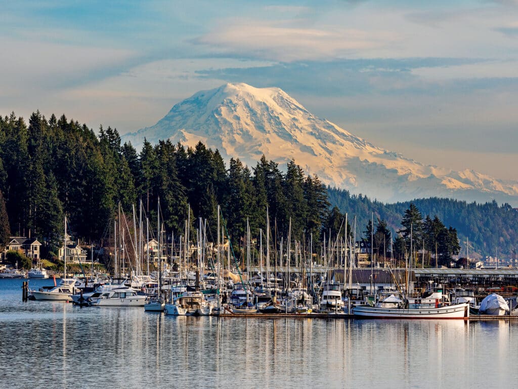 Mount Rainier with sailboats in the foreground