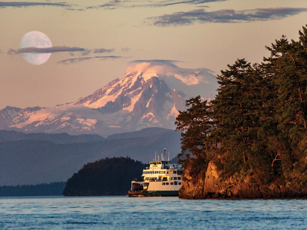 Mount Baker with ferry boat in the foreground