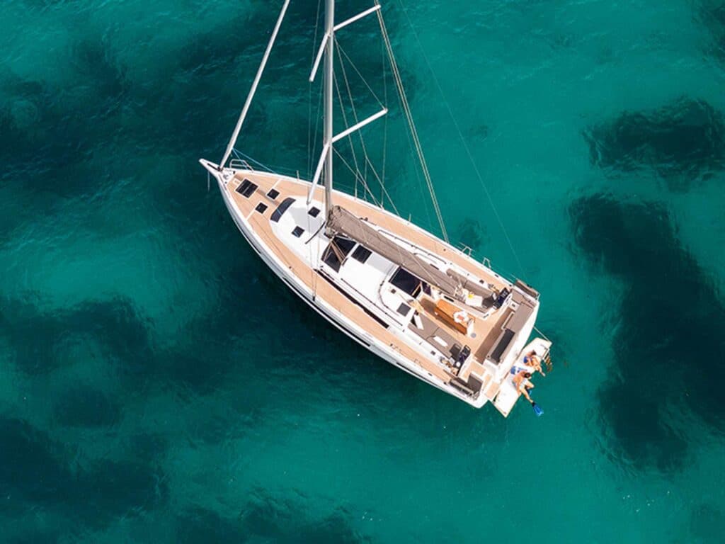 Aerial shot of Dufour 41 on the water
