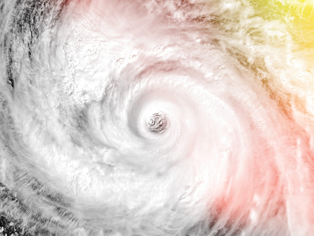 Eye of the Hurricane. Hurricane on Earth. Typhoon over planet Earth.. Category 5 super typhoon approaching the coast. View from outer space.