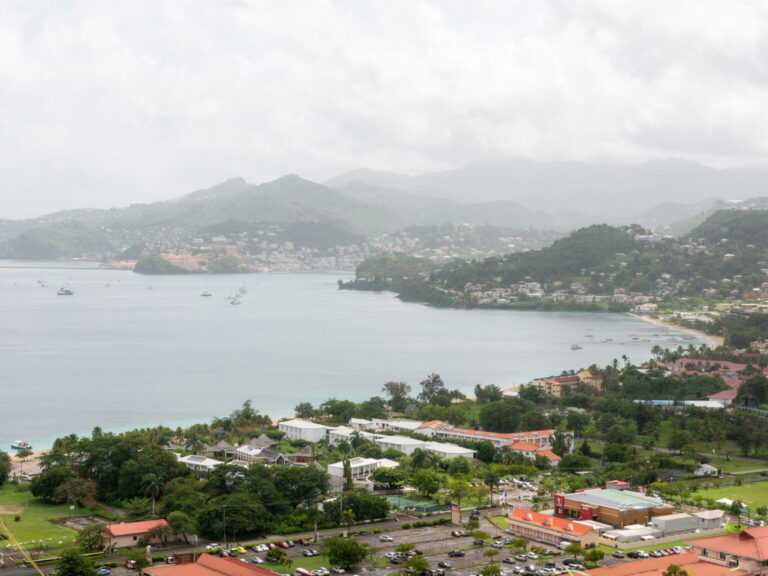A view of the Grand Anse with the city of St Georges in the distance in Grenada.