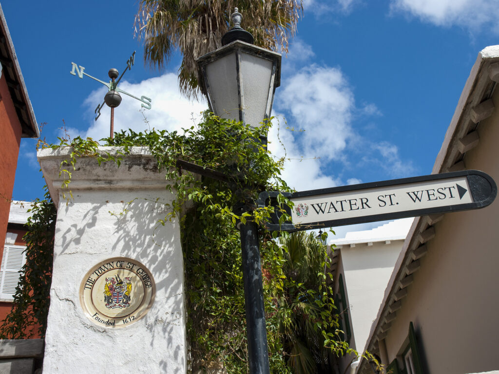 Town of St. George, Bermuda. Water St. West sign and town insign
