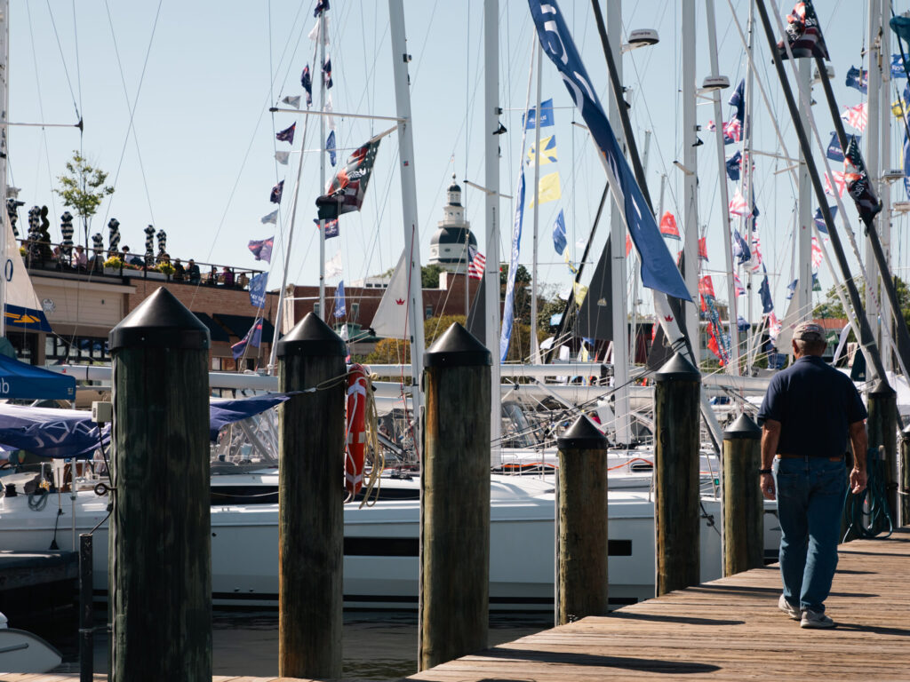 Man walking on a dock during the Annapolis Spring Sailboat Show