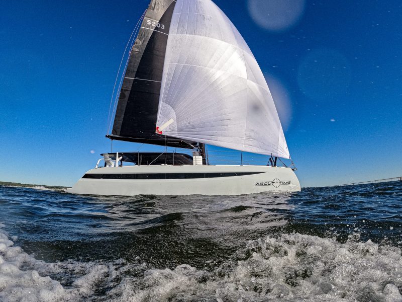 An HH52 catamaran struts its stuff under full sail off Annapolis.
