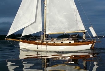 Falmouth Cutter 34 368 World sailor and artisan Bryan Gittins built Half Lucky on Vancouver Island. She's pictured here off Ladysmith's harbor.