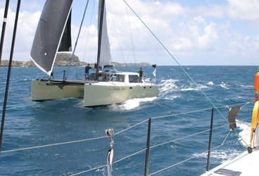 The Gunboat 48 Sailing Lickety Split trails Looking for Elvis, a Gunboat 62 on which CW editor at large Herb McCormick crewed on Day 3 of Antigua Sailing Week.