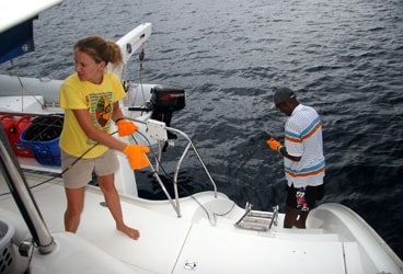 Critical marine research Critical marine research takes place from the deck of a Moorings charter cat.