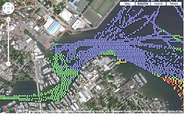 ARGUS soundings of waters around Annapolis, Maryland, are overlaid on Google Earth imagery. In this rendering, red indicates depths of less than five feet; yellow, five to 10 feet; green, 10 to 15 feet; and blue, depths of 15 feet or more.