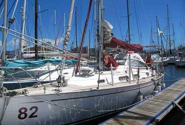 Jeanne Socrates aboard Nereida, a Najad 380, at the Royal Cape Yacht Club, Cape Town, South Africa.