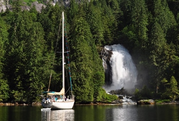 Del Viento at Chatterbox Falls This is where we sat anchored for two nights. It was pretty damn nice, a place and time Windy and I won't forget. We'd have stayed there until we ran out of food, but the clock is ticking on our trip north to Alaska.