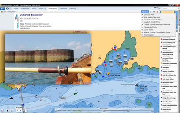 Crowd Sourcing Coastal Explorer’s Guide Book mode can display a variety of user and professional content, including an ActiveCaptain warning and a Panoramio photo of a surprise breakwater.