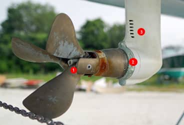 Areas of Potential Damage Sacrificial zinc anodes at the end of the propeller shaft and on the prop itself (1) and at the flange on the outdrive housing (2) protect the aluminum drive casing (3) from galvanic corrosion. Making sure that the anodes are in place during the season on whatever prop you have should be a vital part of your maintenance routine.
