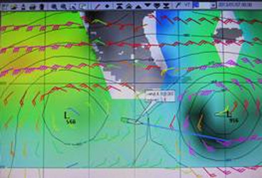 Although a little difficult to see, here is a photo of Jeanne Socrates' computer screen showing the weather for her rounding of Cape Horn aboard Nereida, her Najad 380.