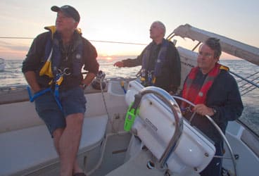 onboard Jackrabbit Strapped in for the night in the Gulf of Maine, the author (left), Hank Weed, and skipper Tom Vesey enjoy the ride during a Down East sunset.