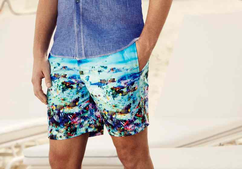 bugatchi, tropical shorts, fish shorts, tropical swim trunks