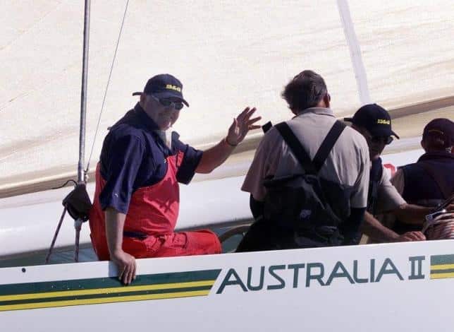 Alan Bond on board Australia 2 as it competes in the Round theIsland race of the Americas Cup Jubilee Regatta August 21, 2001 off the coast of Cowes Isle of Wight.