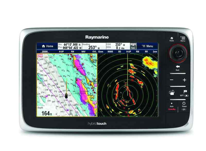 The current generation of multifunction displays lets you view data in a number of ways. This screenshot from a Raymarine Hybridtouch has a split screen with a chart and radar overlay on the left and a long-range radar image (12 nautical miles) on the right, showing a storm cell in the upper right of the screen. The radar display is set in one-third-offset mode, so though the range is 12 miles, the radar is looking 16 miles ahead and 8 miles astern.