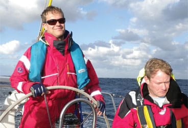 Sailing in Safety Gear Sailing offshore in trade-wind swells, this watch team felt more comfortable decked out in their foulies and safety gear.