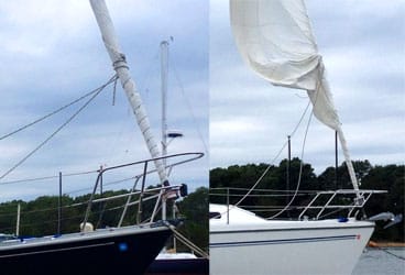 Furled jibs A summer thunderstorm can quickly unravel and potentially ruin a loosely furled jib (right). To prevent this, it helps to add on a couple of wraps with your jib sheets (left).