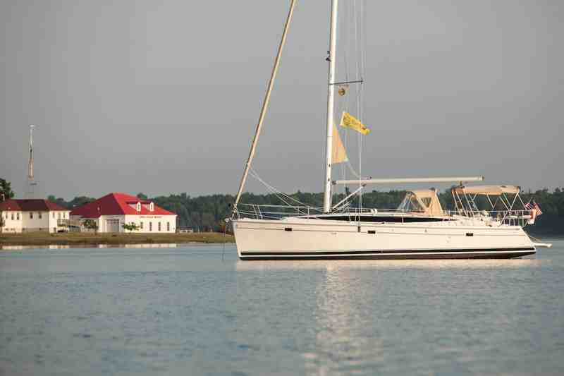 Priorities, the author's chartered 2013 Hunter 40, rests at anchor in St. James harbor, Beaver Island, Michigan.