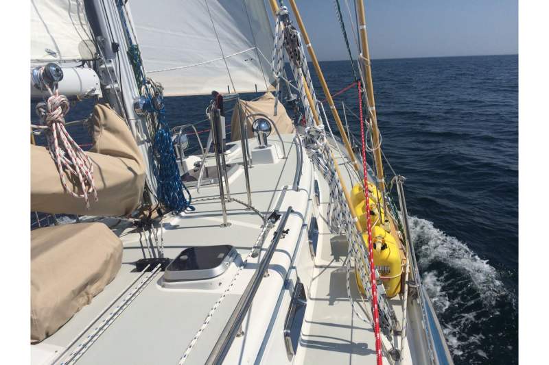 Eleanor heads southwest into the open ocean in a brisk southwesterly breeze.