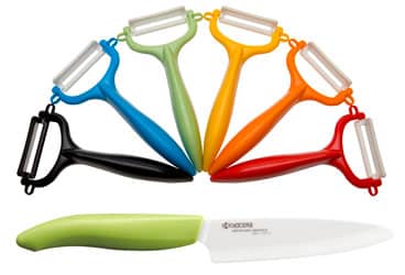 Kyocera ceramic peelers and knife The 4.5 Utility Knife retails for $30. The Horizontal Y Peeler sells for $10.